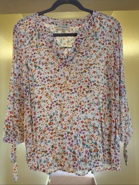 Cynthia Rowley White Multicolor Floral V-Neck Tie-Sleeve Top